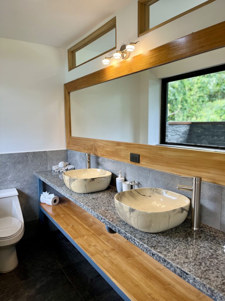 Modern bathroom with twin sinks and toilet