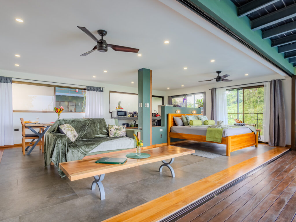 Ocean Suite large open plan sleeping and living area at Southern Drake Lodge